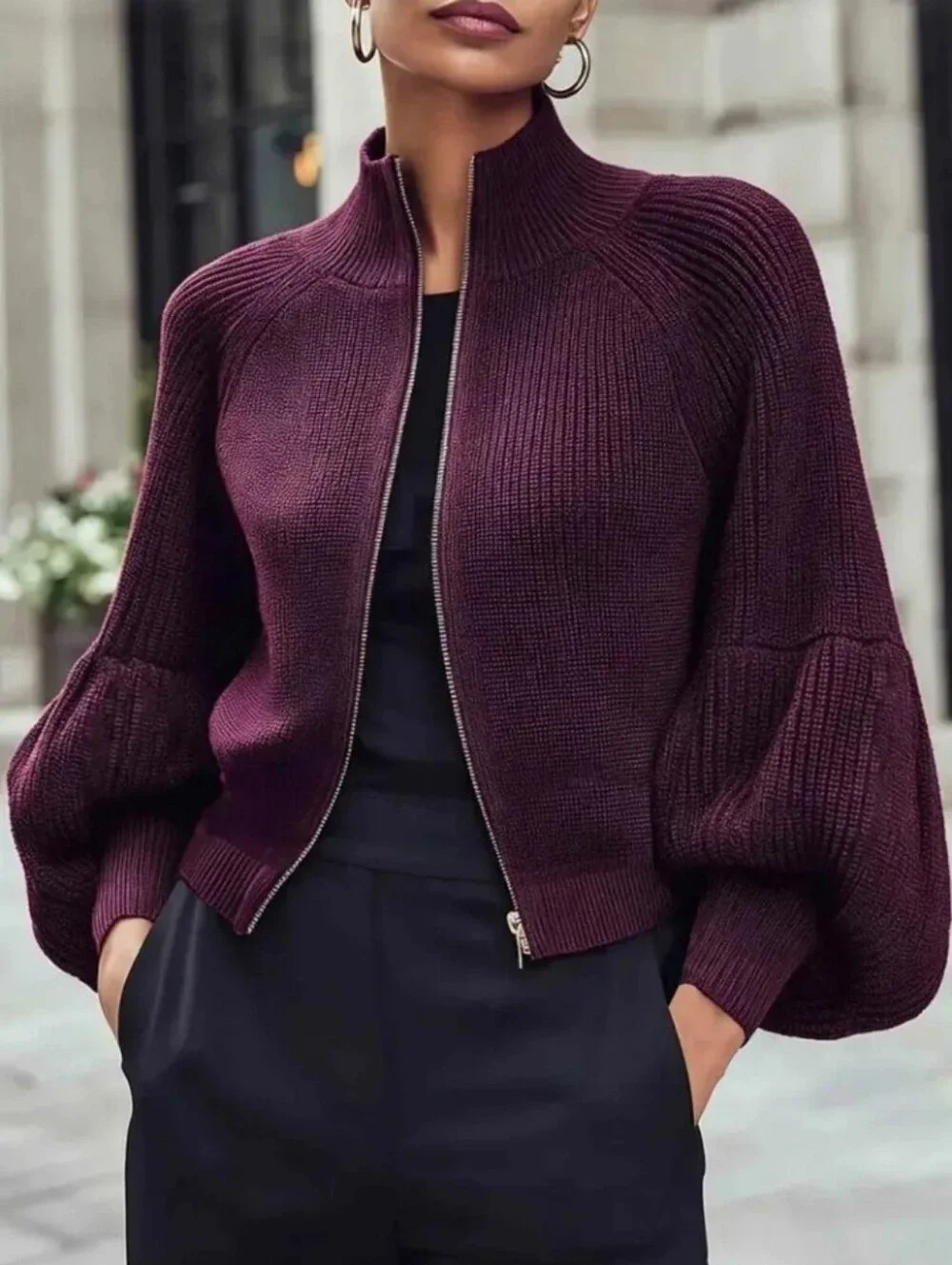 Autumn/Winter Fabric Cropped Zip-Front Cardigan, Featuring a High Stand-up